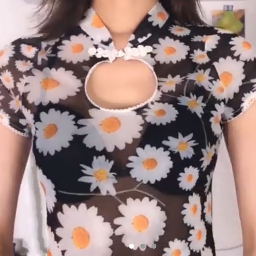 Daisy Chinese style black mesh top